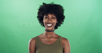 Buy stock photo Friendly, portrait and smile with black woman in studio for creative career as fashion designer. Afro, design and excited with happy African stylist on green background for small business startup