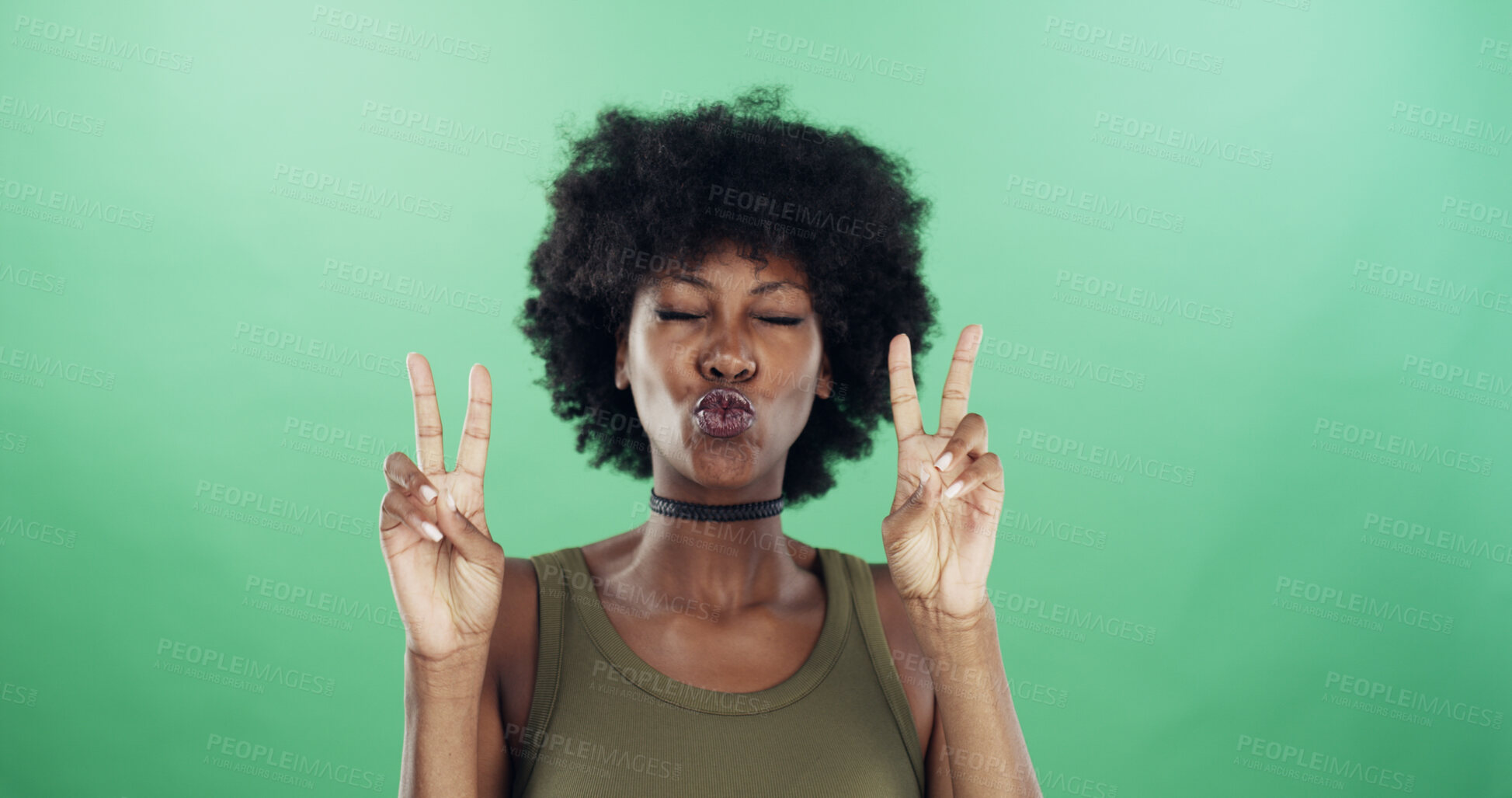 Buy stock photo Black woman, expression and peace sign with afro on green background for beauty or makeup in studio. Female person, hipster or African model with hand gesture or emoji for style on mockup space