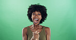 Happy, black woman and portrait with surprise on green background for winning or prize in studio. Face, female person or African model with excited smile for bonus, deal or good news on mockup space