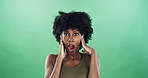 Black woman, surprise and shout in studio portrait for deal, announcement or sale by green background. Girl, excited and face with scream for shock with discount, wow and mock up space in Nigeria