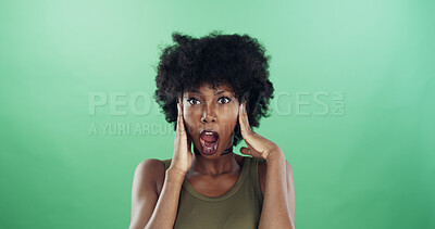 Buy stock photo Black woman, surprise and gasp in studio portrait for deal, announcement or sale by green background. Girl, excited and face with mouth open for shock with discount, wow and mock up space in Nigeria