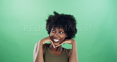 Buy stock photo Thinking, ideas and black woman in studio, excited and facial expression on green background. African person, choice and happy model with announcements, solution and problem solving with decision
