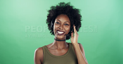 Buy stock photo Call center, portrait and smile with black woman in studio for virtual stylist, retail or customer support. Fashion consultant, hotline and headset with person on green background for trends analyst