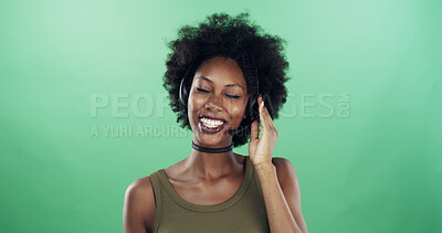 Buy stock photo Call center, smile and fashion with black woman in studio for virtual stylist, retail or customer support. Shopping consultant, hotline and headset with person on green background for trends analyst