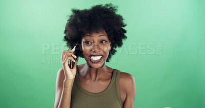 Buy stock photo Phone call, excited and black woman in studio for communication, contact or social networking. Happy, cellphone and African female person with connectivity by green background with mockup space.