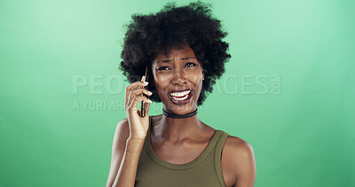 Buy stock photo Phone call, confused and black woman in studio with communication, gossip or chat for contact. Doubt, cellphone and African person on mobile conversation for social networking by green background.