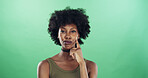 Thinking, portrait and black woman in studio with ideas, decision or brainstorming for university. Problem solving, mockup space and African female student with choice for college by green background
