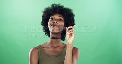 Buy stock photo Black woman, thinking or solution with afro on green background for problem solving in studio. Female person, thinker and African model with good decision for idea, question or answer on mockup space