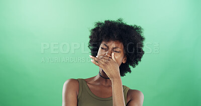 Buy stock photo Lazy, tired and yawn with black woman on green background for exhaustion or fatigue syndrome. Afro, burnout and sleepless with African person in studio for drowsiness, insomnia or narcolepsy symptoms