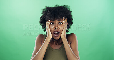 Buy stock photo African woman, shock and portrait in studio with reaction, scared and fear by green background. Girl, model and face with shout for announcement, wow and mock up space with surprise in Nigeria