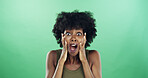 African woman, surprise and portrait in studio with shock, depression and stress by green background. Girl, face and shout for mental health with anxiety, frustrated and space with wow in Nigeria
