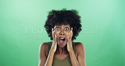 Buy stock photo African woman, surprise and portrait in studio with reaction, fear and omg by green background. Girl, model and face with shout for announcement, shock and mock up space with gossip in Nigeria