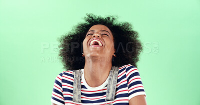 Buy stock photo Black woman, laughing and funny joke with comic in studio, humor or hilarious with happy reaction. Crazy, silly or African female person in comedy with space for positive emotion on green background