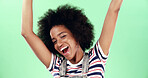Studio, green screen and woman in portrait for dancing, movement and celebration for good news. African female person, model and happiness with energy for wellness, excited and cheering by background
