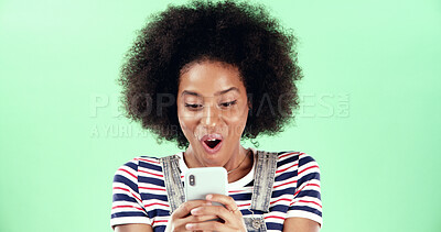 Buy stock photo Green screen, woman and reading with shock for smartphone, breaking news and online discount. Mockup, African female person and surprised with mobile app for offer notification, excited or studio