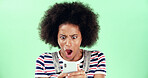 Black woman, smartphone and shock with open mouth in studio, what or fake news with alert for online message. Surprise annoucement, alarm or wow expression with WTF on mobile app on green background