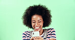Black woman, smartphone and laughing at funny joke in studio with gossip, communication and humor online. Contact, comedy ebook or comic space on website for happy female person on green background