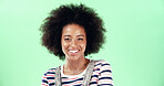 Afro, happy and portrait with black woman on green screen for college or university advertising. Education, marketing and mockup space with smile of student in studio for learning or scholarship