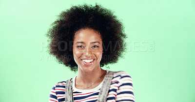 Buy stock photo Afro, happy and portrait with black woman on green screen for college or university advertising. Education, marketing and mockup space with smile of student in studio for learning or scholarship