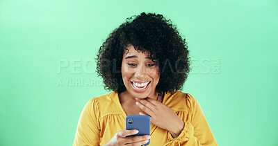 Buy stock photo Green background, woman and happy with smartphone for surprise, breaking news and online discount. Mockup, African person and shock with mobile for reading, offer notification and excited in studio