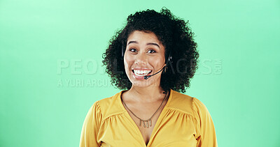 Buy stock photo Green background, businesswoman and portrait with headset for talking, call center and crm support. Mockup space, African person and consultant with happiness for customer service, faq help or studio