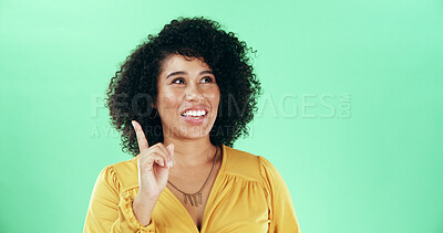 Buy stock photo Ideas, pointing and woman in studio with choice, decision or planning for education career. Happy, mockup space and female teacher with thinking for lesson with problem solving by green background.