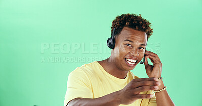 Buy stock photo Black man, headset and happy in studio for call center, advice and mockup space with talk by green background. Person, agent and sales consultant with voip mic, portrait and telemarketing in Nigeria