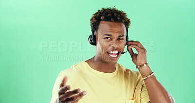 Buy stock photo Portrait, headset and african man talking for call center, customer care and green background. Contact us, technical support and operator for help desk, advice and inquiry by mockup space in studio