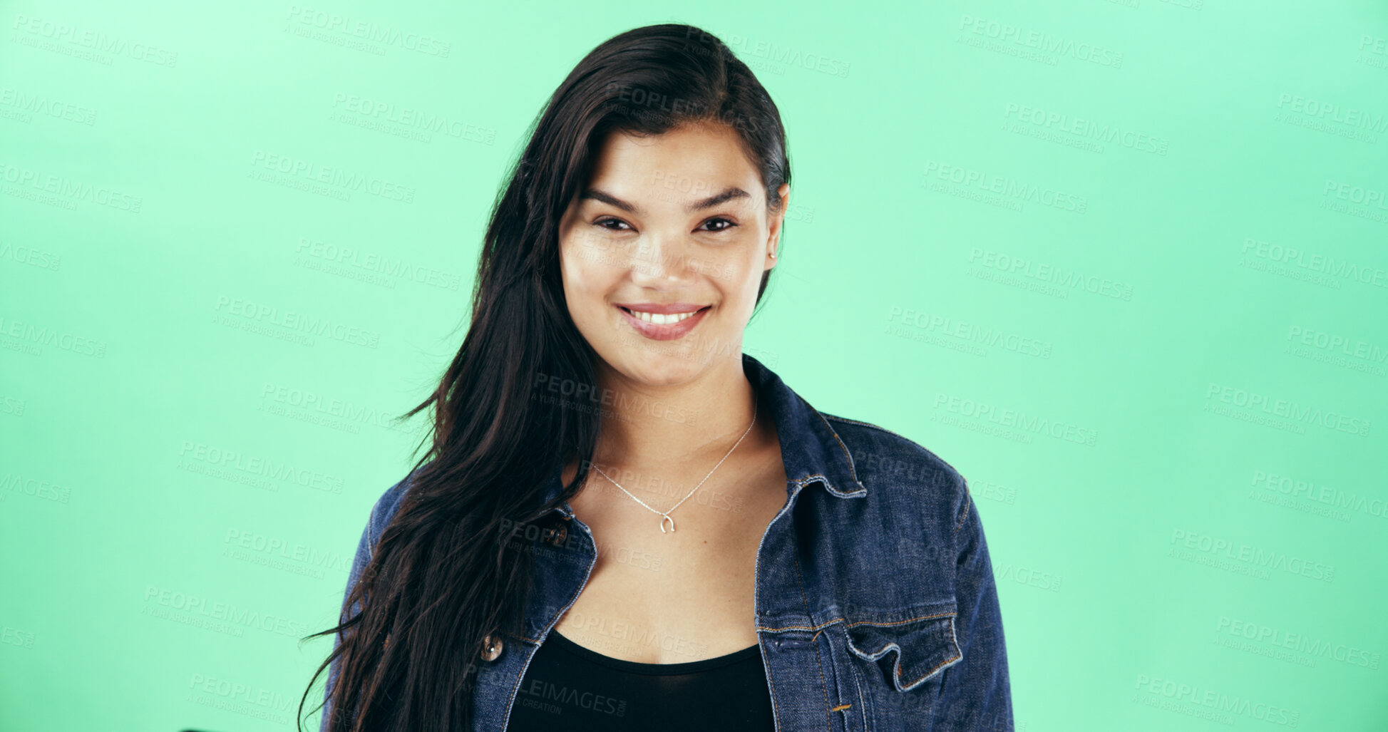 Buy stock photo Happy, student and portrait of woman on green background for scholarship opportunity at school. Mockup, space and face of person with smile for university, college and pride for education in studio