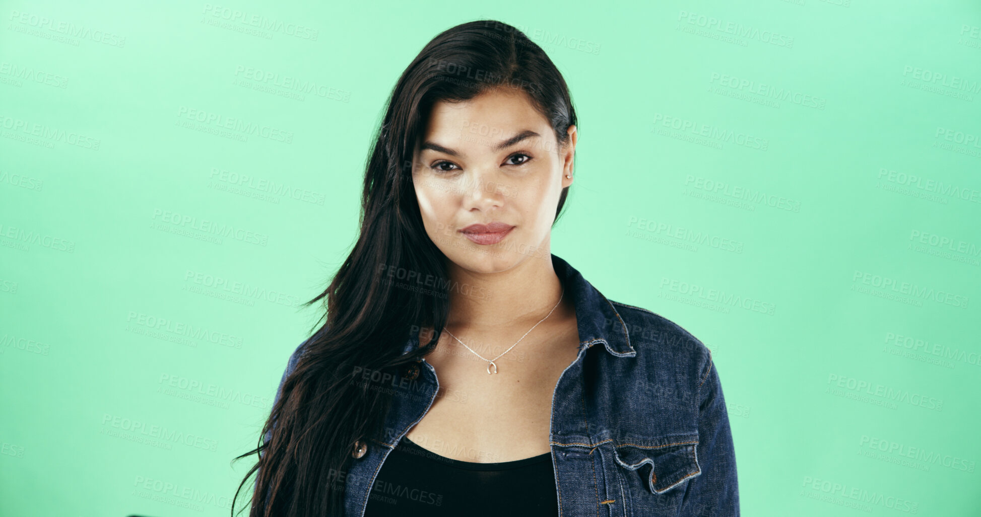 Buy stock photo Studio, student and portrait of woman on green background for scholarship opportunity at school. Mockup, space and face of person with confidence for university, college and pride for education