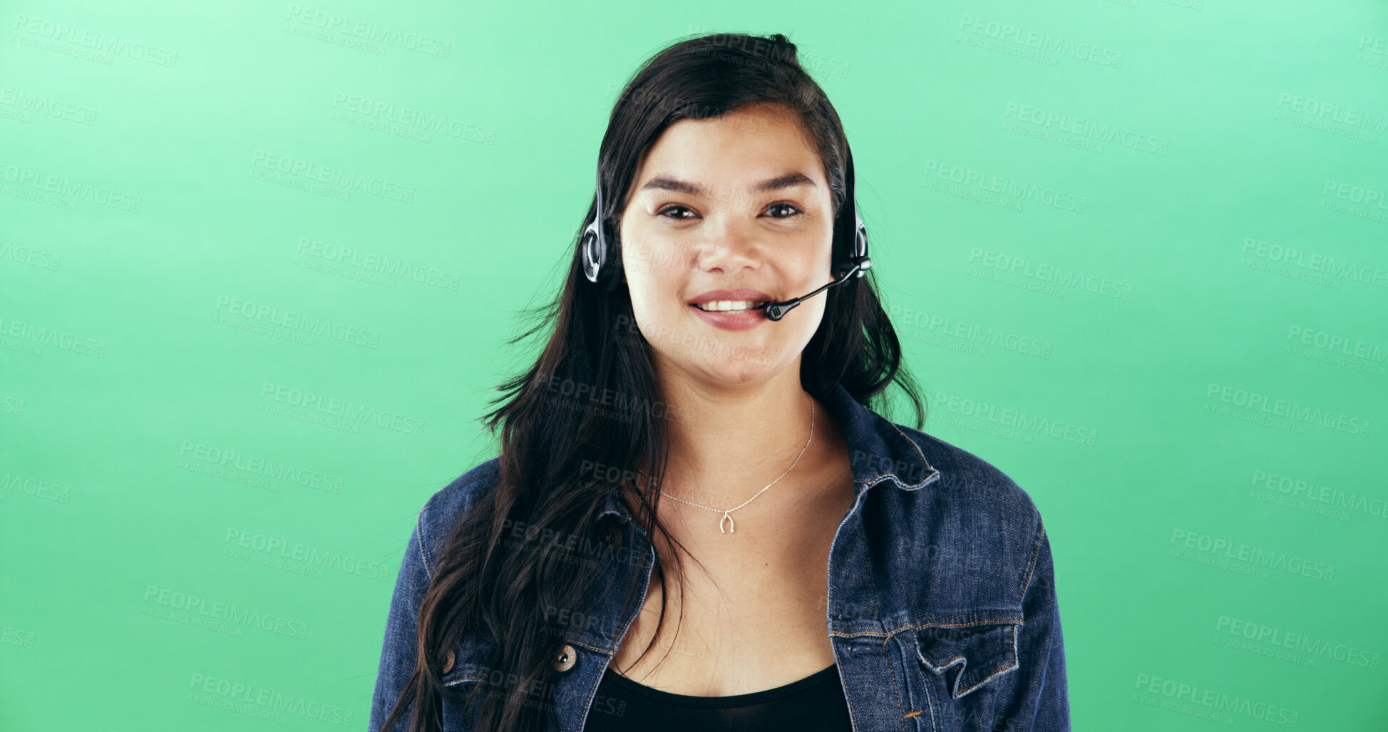 Buy stock photo Headset, woman and portrait of call center agent in studio with confidence for customer care. Happy, pride and technical support consultant from Thailand with mic for contact us by green background.