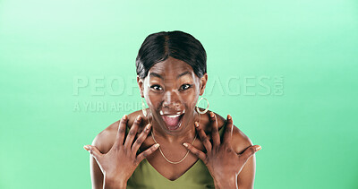 Buy stock photo Surprised, portrait and woman with reaction, studio and facial expression for news, happy or mockup. Shocked, black person and smile for announcement, space or wow for opportunity or green background