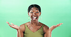 Surprised, happy and woman with reaction, studio and facial expression for news, portrait or mockup. Shocked, black person and smile for announcement, space or wow for opportunity or green background