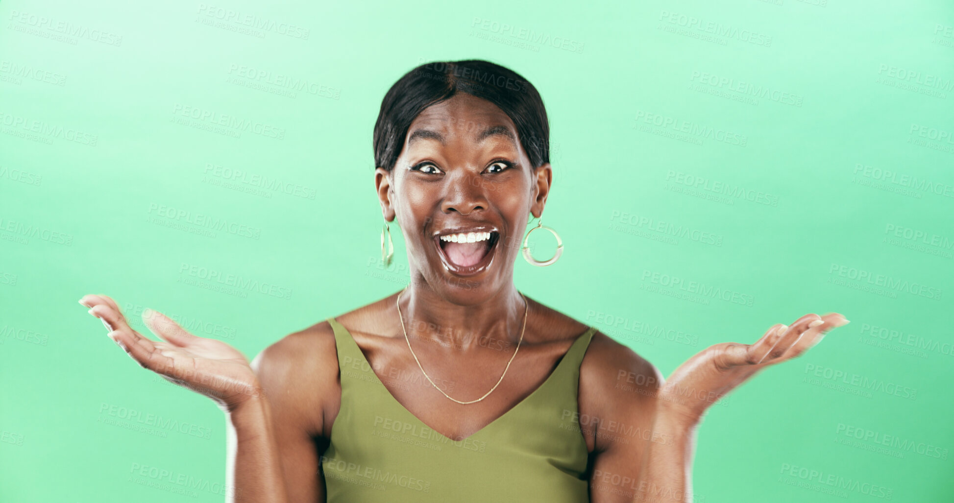 Buy stock photo Surprised, happy and woman with reaction, studio and facial expression for news, portrait or mockup. Shocked, black person and smile for announcement, space or wow for opportunity or green background