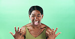 Surprised, portrait and woman with smile, studio and reaction for good news, happy and mockup space. Green background, wow and black person with facial expression, shocked and excited for opportunity