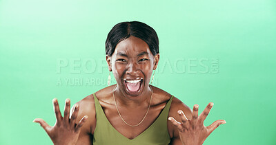 Buy stock photo Surprised, portrait and woman with smile, studio and reaction for good news, happy and mockup space. Green background, wow and black person with facial expression, shocked and excited for opportunity