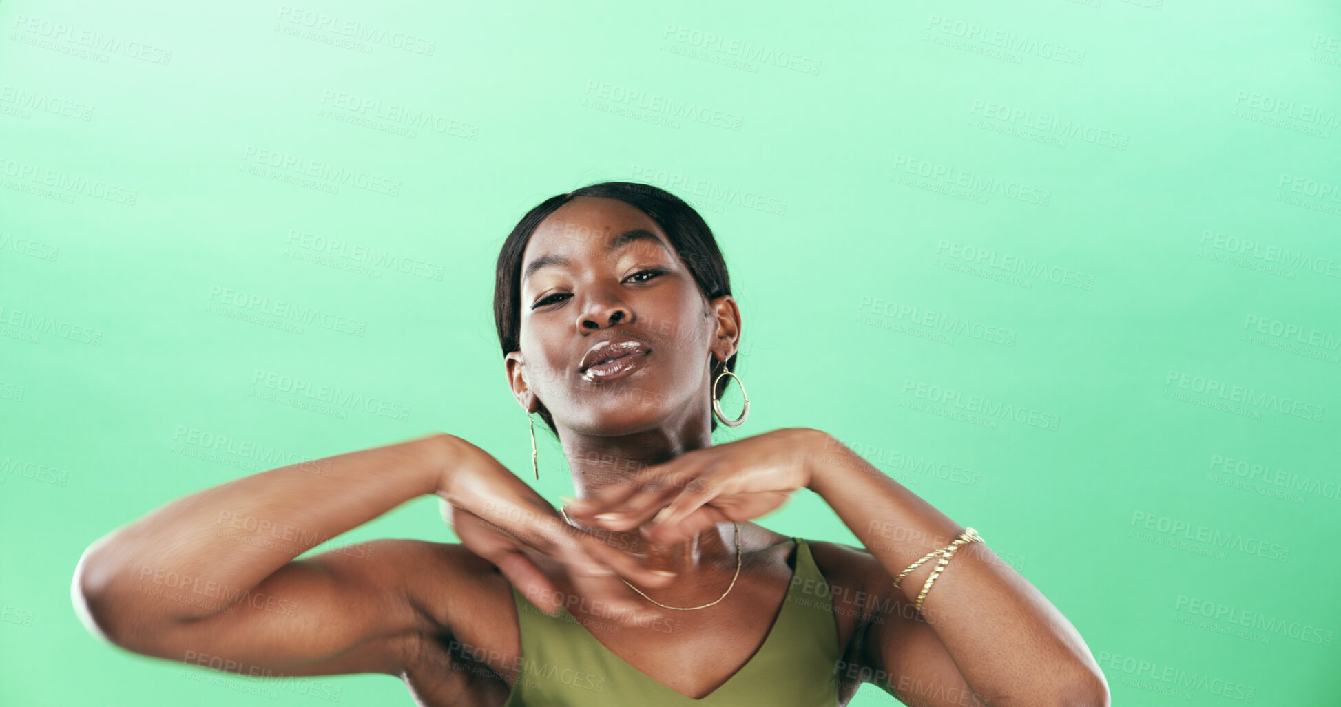 Buy stock photo Beauty, makeup and portrait of black woman in studio for foundation glow, self care and cosmetics. Lipgloss shine, cosmetology and facial treatment with person on green background for space and clean