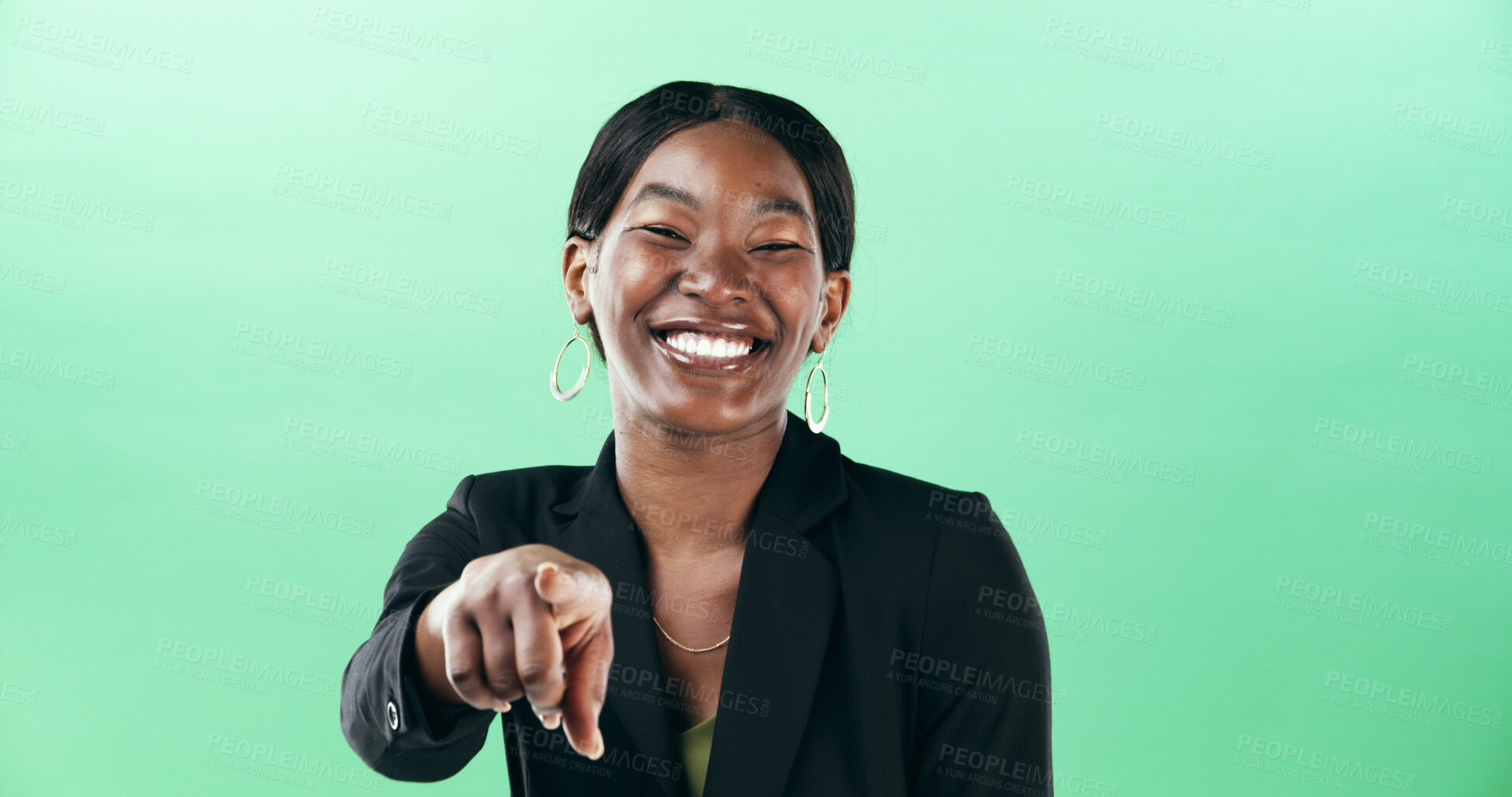 Buy stock photo Black woman, pointing and portrait for business hiring, recruitment or choice to join us on green background. HR manager, corporate selection or professional invitation for vacancy space in studio