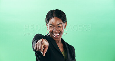 Buy stock photo Black woman, pointing at you and portrait for business recruitment, hiring or choice to join us on green background. HR manager, corporate selection or professional invite for vacancy space in studio