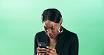 Black woman, phone and wow with shock in studio for fake news, story or gossip on green background. Model, smartphone and surprise for notification on app, headline and controversy on social media