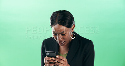 Buy stock photo Black woman, phone and disbelief with shock in studio for fake news, story or gossip on green background. Model, tech and surprise for notification on app, headline and controversy on social media