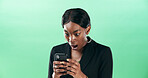 Black woman, phone and business announcement for shock in studio, feedback and alarm with open mouth . Green background, wow or professional communication alert with mobile app, fake news or space