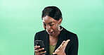 Black woman, phone and surprise for professional promotion, email feedback and good news. Green background, wow or business communication alert with mobile app, success or online win in studio