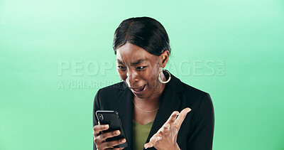 Buy stock photo Black woman, phone and surprise for professional promotion, email feedback and good news. Green background, wow or business communication alert with mobile app, success or online win in studio