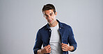 Man, portrait and jean shirt for fashion with casual tshirt, trendy style and confident on white background. Denim apparel, stripes and male model with stylish outfit, mockup space and cool clothes