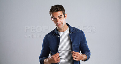 Buy stock photo Man, portrait and jean shirt for fashion with casual tshirt, trendy style and confident on white background. Denim apparel, stripes and male model with stylish outfit, mockup space and cool clothes