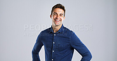 Buy stock photo Portrait, happy man and fashion for confidence in studio with casual clothes and trendy style. Mockup space, laugh and male person with cool outfit, denim jacket and funny joke on white background