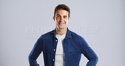 Buy stock photo Happy man, portrait and jean shirt for fashion with casual tshirt, trendy style and confident on white background. Denim apparel, stripes and model with stylish outfit, mockup space and cool clothes