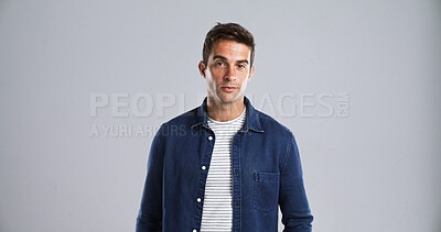Buy stock photo Man, portrait and denim shirt for fashion with casual tshirt, trendy style and confident on white background. Jean apparel, stripes and male model with stylish outfit, mockup space and cool clothes