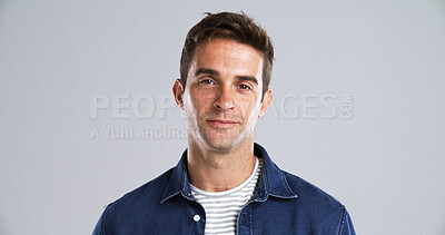 Buy stock photo Space, fashion and man in portrait with confidence, aesthetic mockup and white background. Male model, studio or creative person with cool outfit, trendy style or attitude in Canada for satisfaction